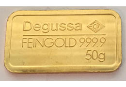 Goldbarren 50g feingold 9999 degussa